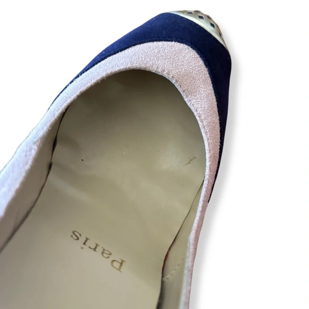 Christian Louboutin Navy and Blush Suede Pumps with Gold Cap-Toe